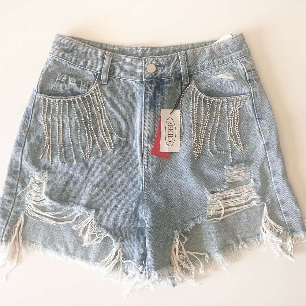 Cider Blue Fringe Jean Shorts